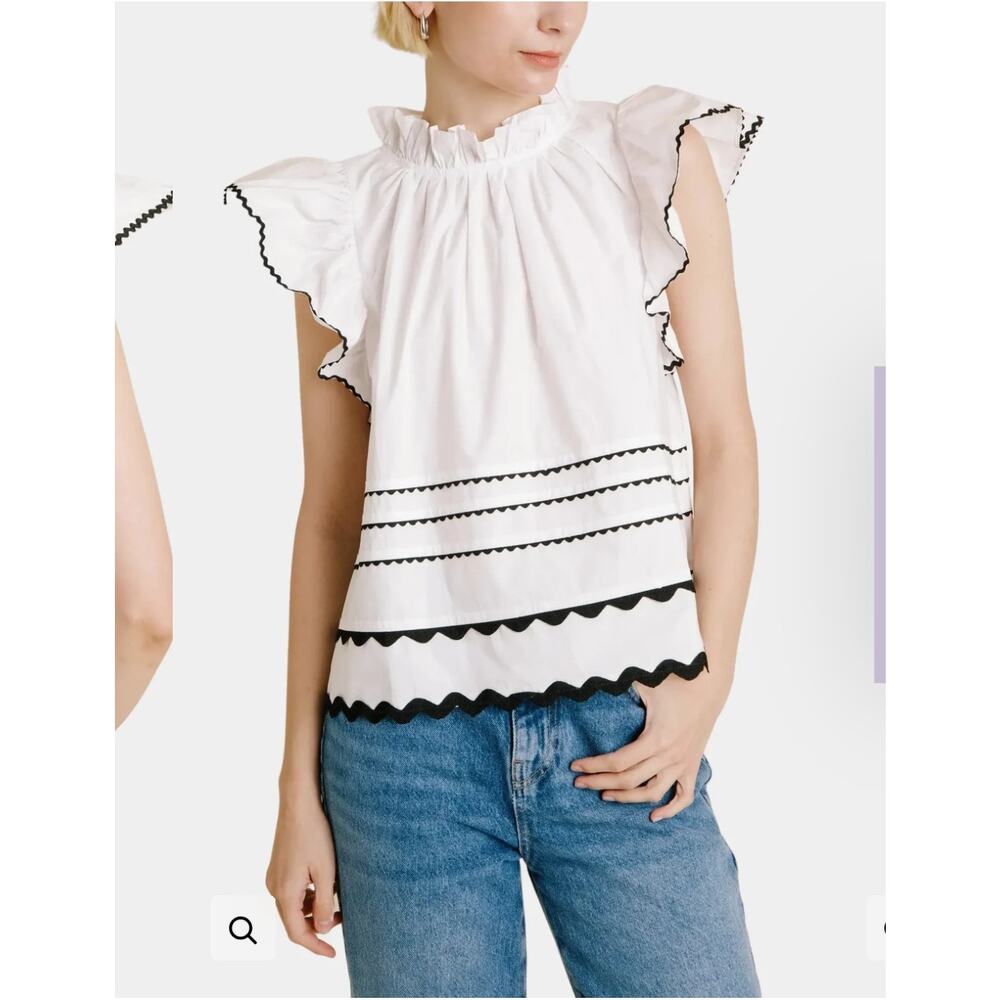 Hausen Zoe Top White Cotton Ric Rac Ruffle Blouse Size XS Coquette Minimalist
